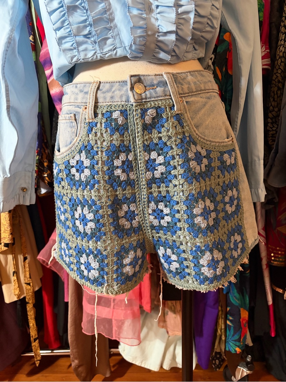 Crochet Panel Denim Shorts - Blue Multi - Picture 1 of 3